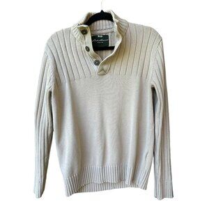 Eddie Bauer Men's Ribbed Knit Button-Up‎ Sweater Beige 100% Cotton Size S